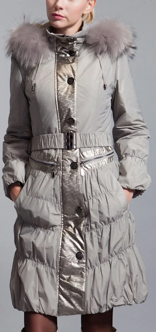 Metallic Paneled Fur Collar Puffer Coat