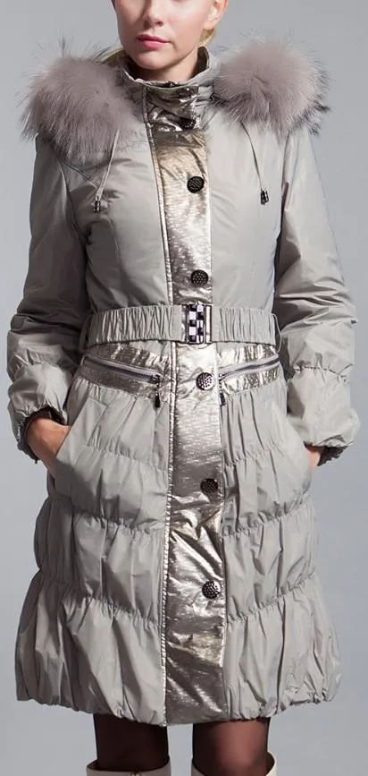 Metallic Paneled Fur Collar Puffer Coat