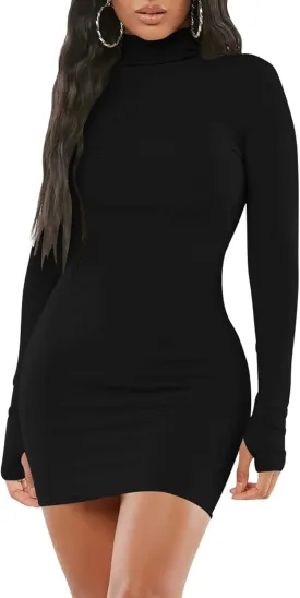 Mizoci Women's Sexy Bodycon Mini Club Dresses Basic Long Sleeve Turtleneck Dress