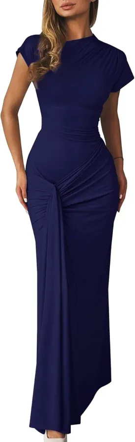 Mojessy Women Bodycon Maxi Dress Sexy Mock Neck Lace Up Bandage Ruched Short Sleeve Long Dress Cocktail Dress