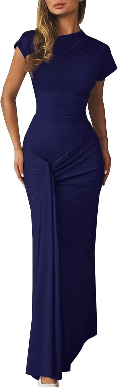 Mojessy Women Bodycon Maxi Dress Sexy Mock Neck Lace Up Bandage Ruched Short Sleeve Long Dress Cocktail Dress
