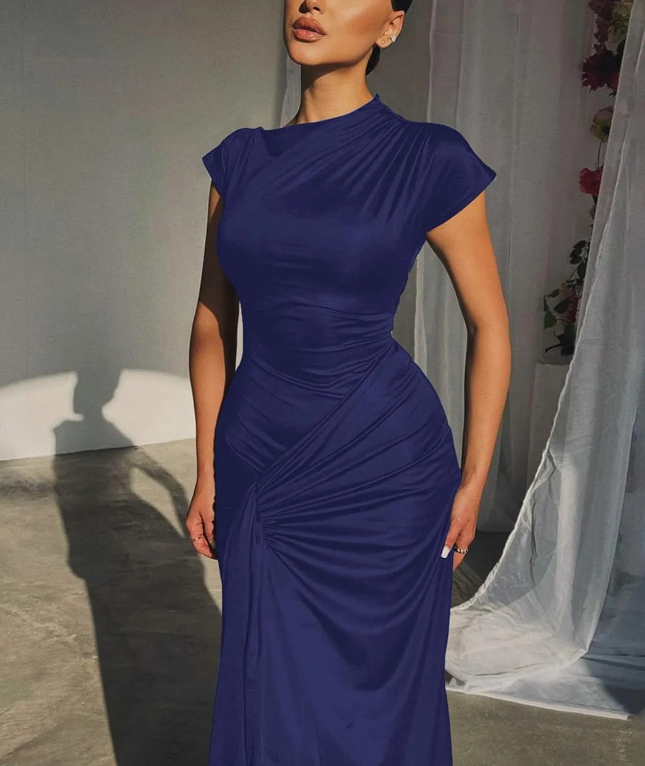 Mojessy Women Bodycon Maxi Dress Sexy Mock Neck Lace Up Bandage Ruched Short Sleeve Long Dress Cocktail Dress