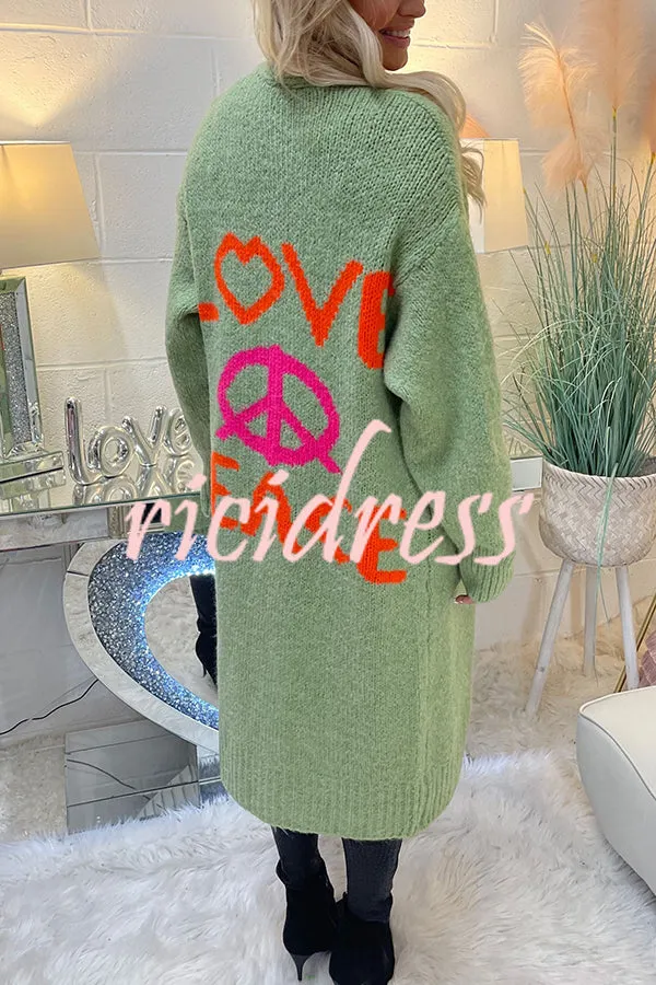 Neon Love Peace Chunky Knit Pocket Straight Midi Cardigan