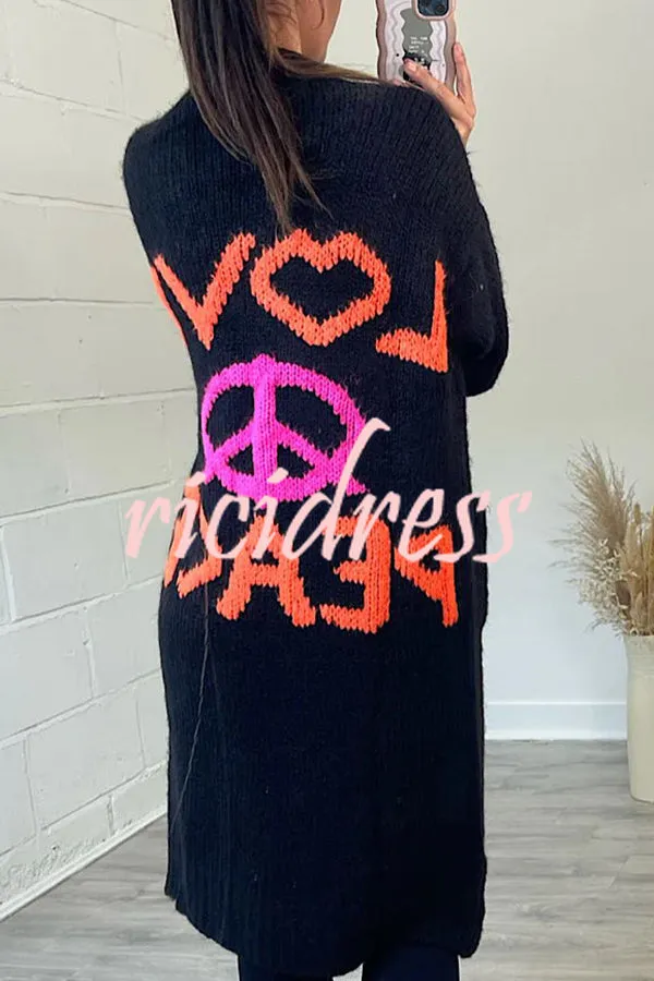 Neon Love Peace Chunky Knit Pocket Straight Midi Cardigan