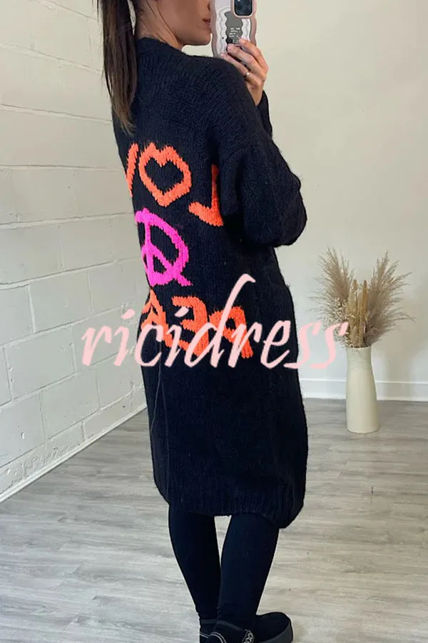 Neon Love Peace Chunky Knit Pocket Straight Midi Cardigan
