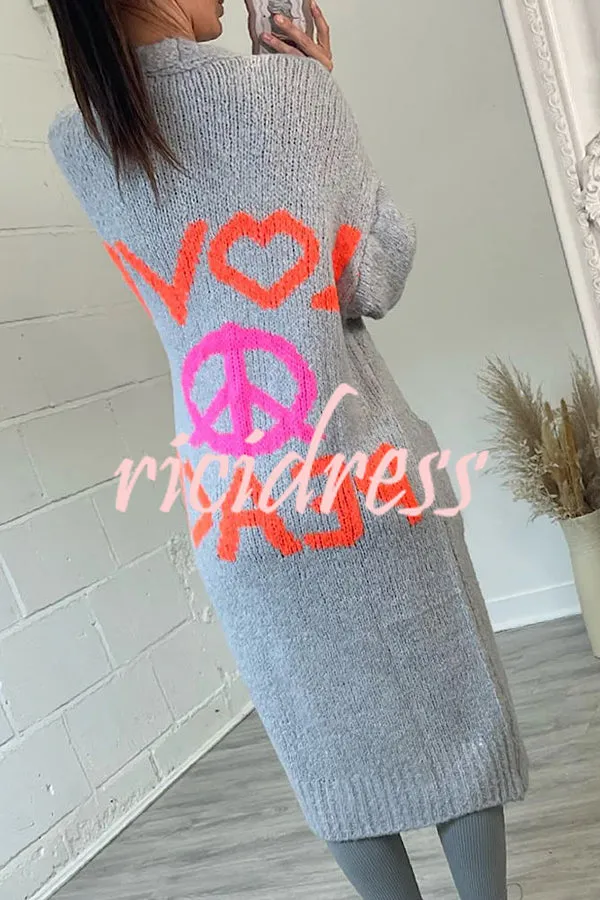 Neon Love Peace Chunky Knit Pocket Straight Midi Cardigan