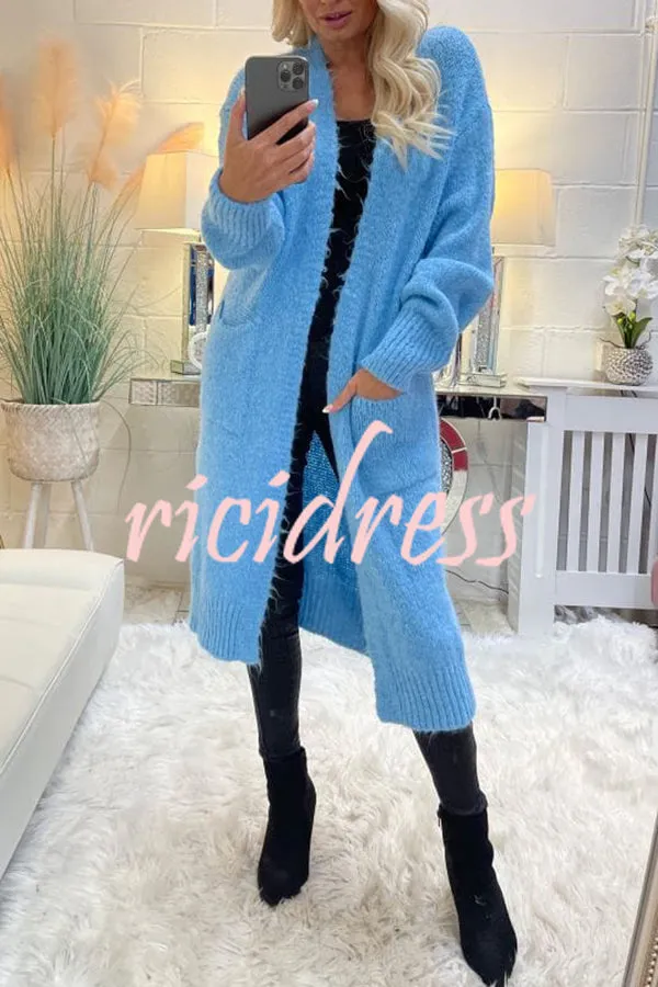 Neon Love Peace Chunky Knit Pocket Straight Midi Cardigan