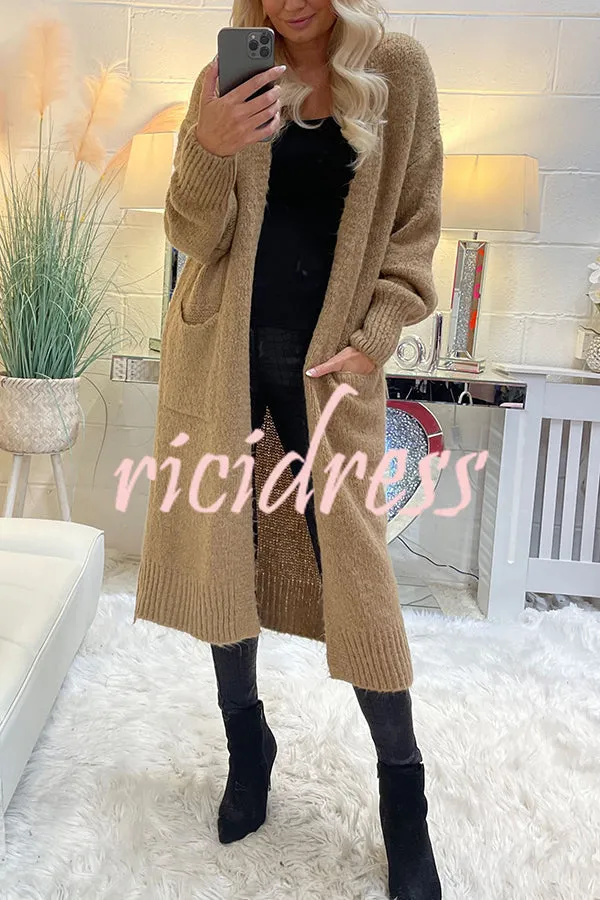Neon Love Peace Chunky Knit Pocket Straight Midi Cardigan
