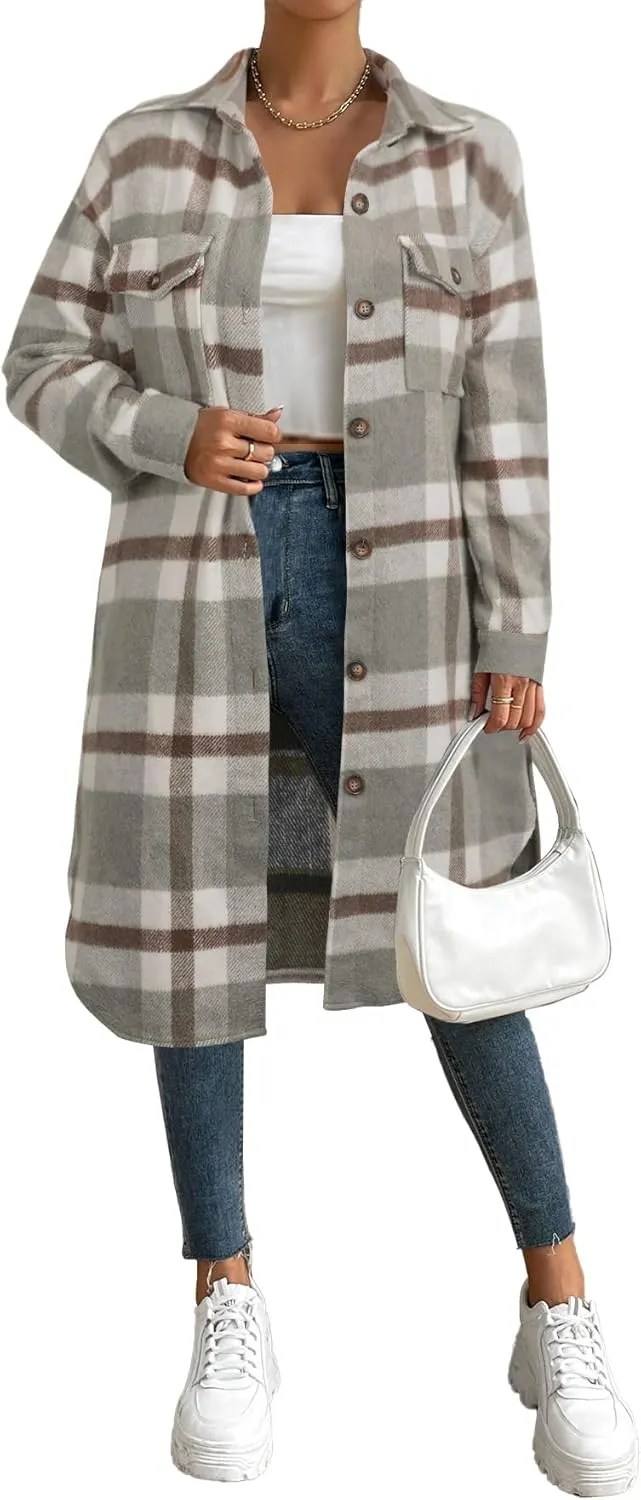 NIeyook Plaid Shacket Jacket Women Button Down Long Flannel Shirt Fall Oversized Jackets Casual Shaket Lapel Winter Coats