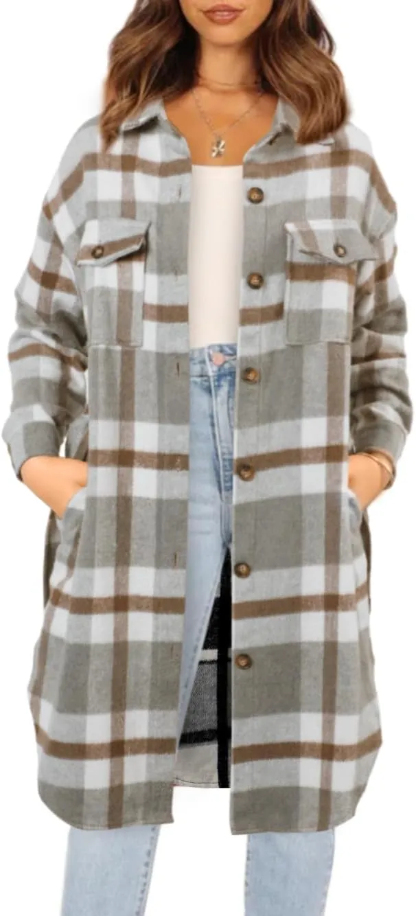 NIeyook Plaid Shacket Jacket Women Button Down Long Flannel Shirt Fall Oversized Jackets Casual Shaket Lapel Winter Coats