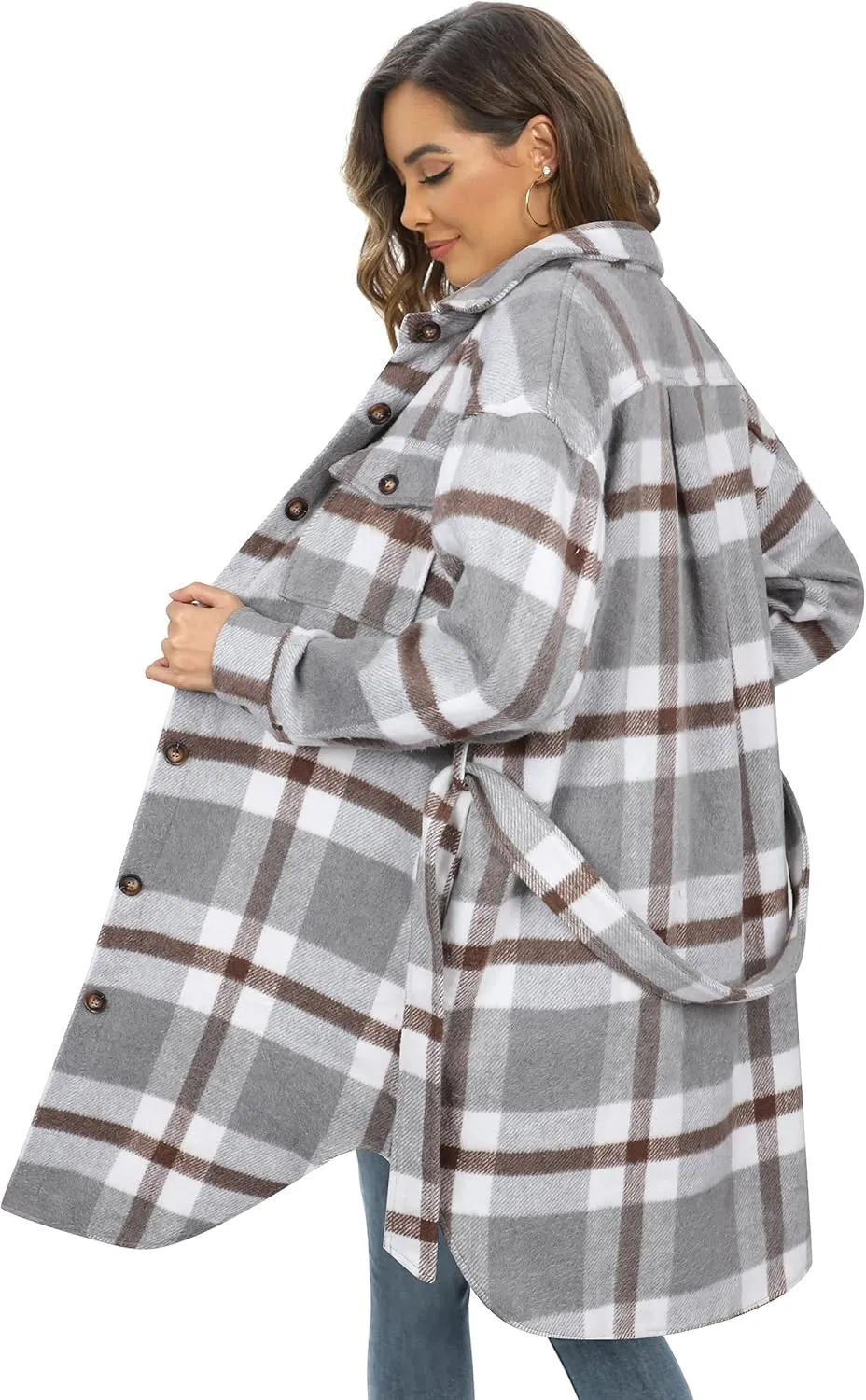NIeyook Plaid Shacket Jacket Women Button Down Long Flannel Shirt Fall Oversized Jackets Casual Shaket Lapel Winter Coats