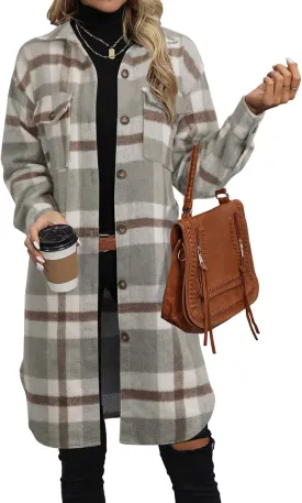 NIeyook Plaid Shacket Jacket Women Button Down Long Flannel Shirt Fall Oversized Jackets Casual Shaket Lapel Winter Coats