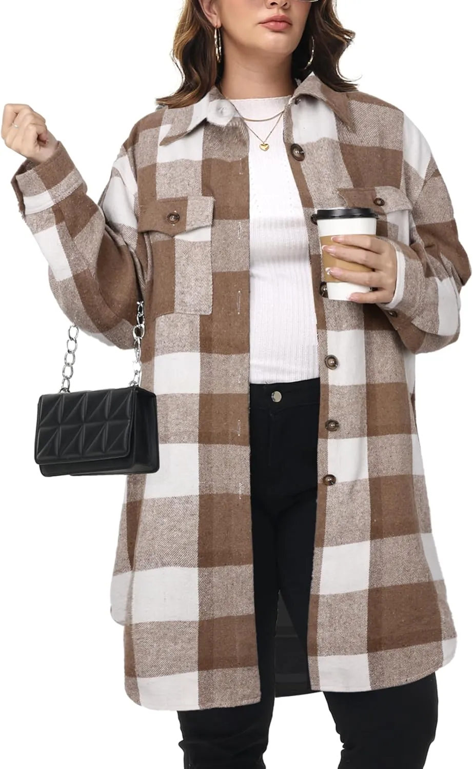 NIeyook Womens Plus Size Shacket Jacket 2024 Fall Plaid Flannel Button Down Shirts Long Sleeve Tartan Jackets Coats