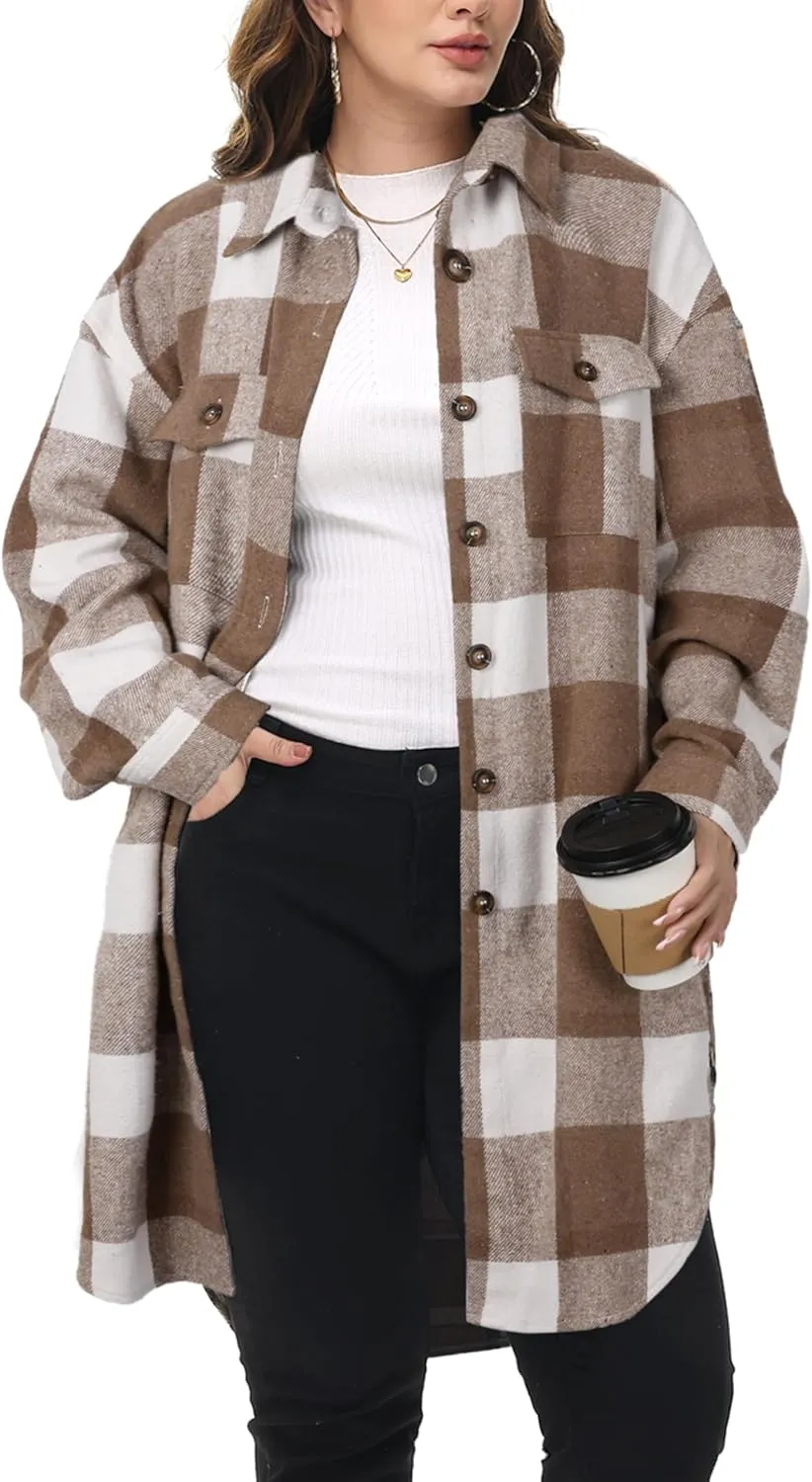NIeyook Womens Plus Size Shacket Jacket 2024 Fall Plaid Flannel Button Down Shirts Long Sleeve Tartan Jackets Coats