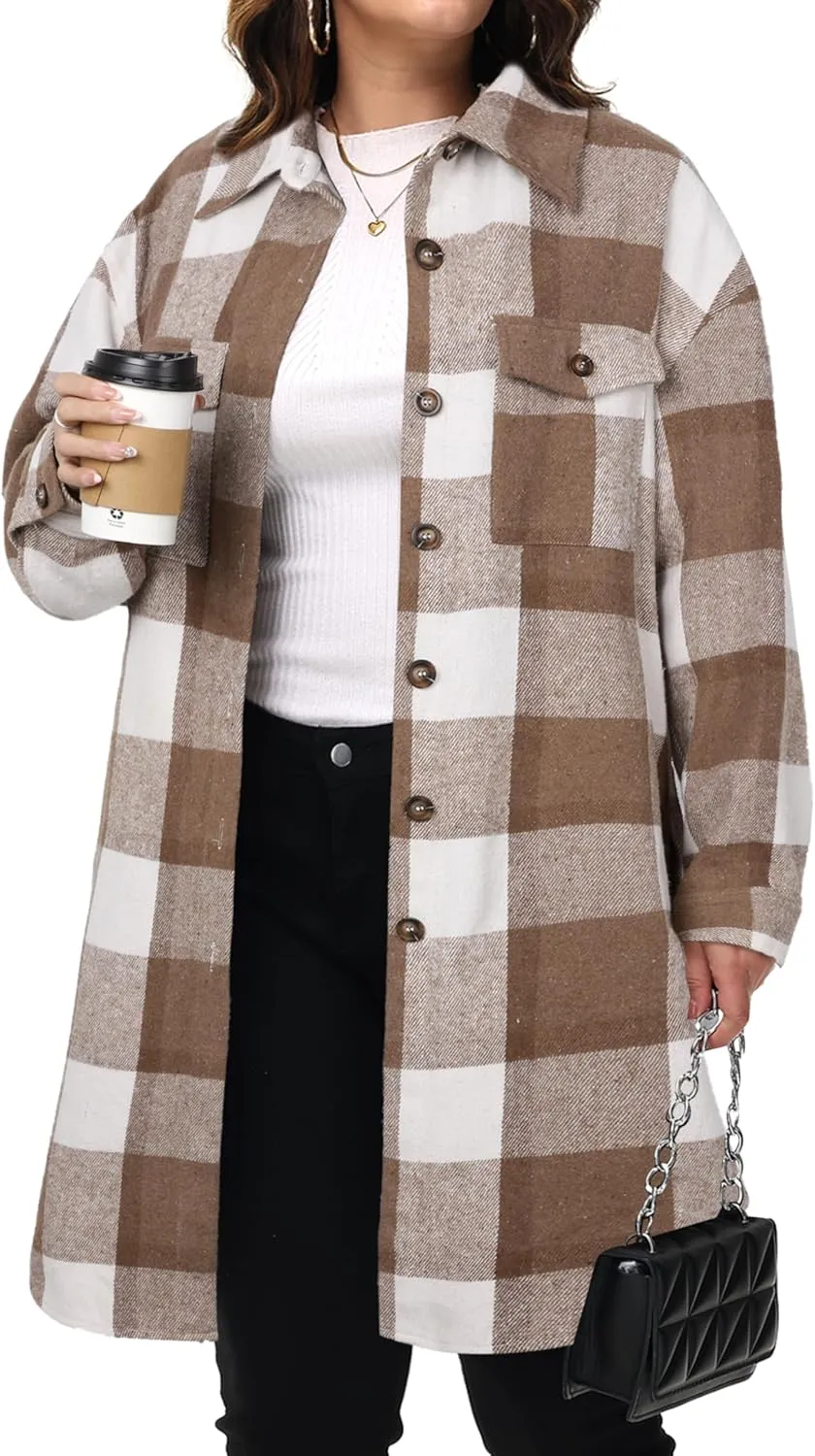 NIeyook Womens Plus Size Shacket Jacket 2024 Fall Plaid Flannel Button Down Shirts Long Sleeve Tartan Jackets Coats