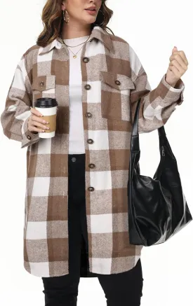 NIeyook Womens Plus Size Shacket Jacket 2024 Fall Plaid Flannel Button Down Shirts Long Sleeve Tartan Jackets Coats