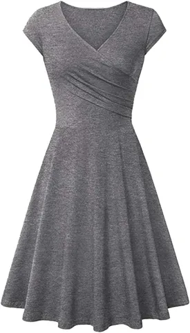 OMZIN Women's Summer 1950s Vintage Dress Wrap V Neck Cap Sleeve Dress Cocktail Swing Dress A-Line Flared Midi Dress