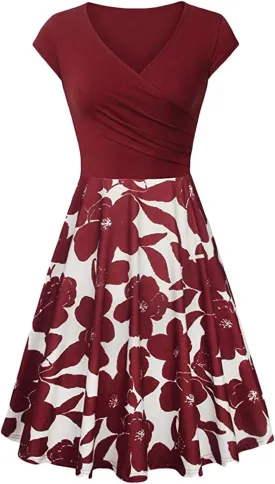 OMZIN Women's Summer 1950s Vintage Dress Wrap V Neck Cap Sleeve Dress Cocktail Swing Dress A-Line Flared Midi Dress