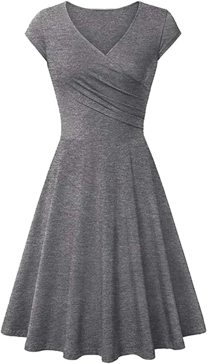 OMZIN Women's Summer 1950s Vintage Dress Wrap V Neck Cap Sleeve Dress Cocktail Swing Dress A-Line Flared Midi Dress