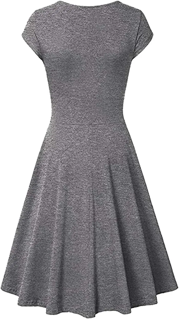 OMZIN Women's Summer 1950s Vintage Dress Wrap V Neck Cap Sleeve Dress Cocktail Swing Dress A-Line Flared Midi Dress