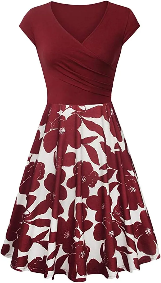 OMZIN Women's Summer 1950s Vintage Dress Wrap V Neck Cap Sleeve Dress Cocktail Swing Dress A-Line Flared Midi Dress