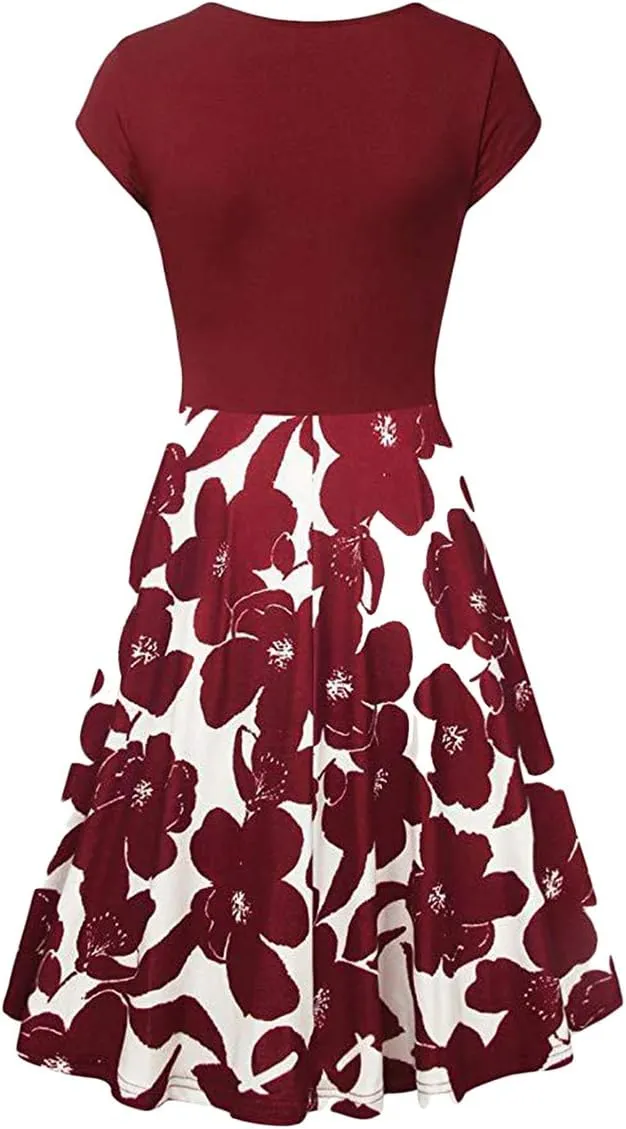 OMZIN Women's Summer 1950s Vintage Dress Wrap V Neck Cap Sleeve Dress Cocktail Swing Dress A-Line Flared Midi Dress