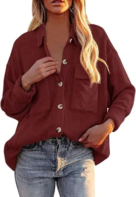 Oversize Corduroy Jacket for Womens Button Lapel Solid Long Sleeve Shirts Shacket Jacket Tops Boyfriend Style Coat