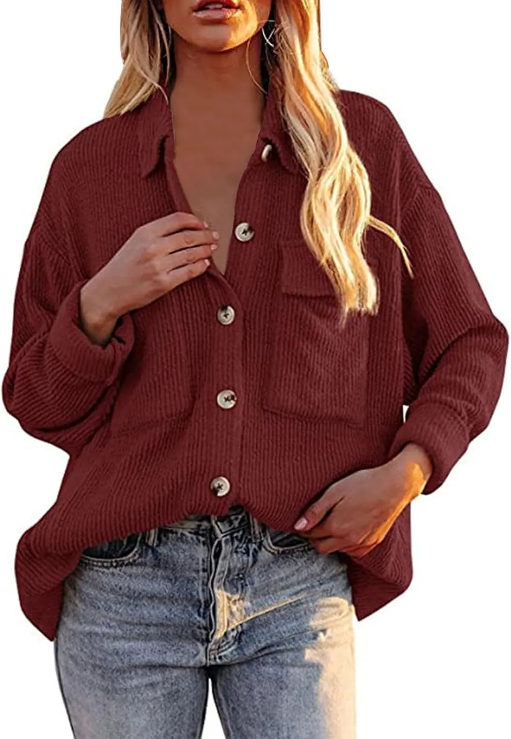Oversize Corduroy Jacket for Womens Button Lapel Solid Long Sleeve Shirts Shacket Jacket Tops Boyfriend Style Coat