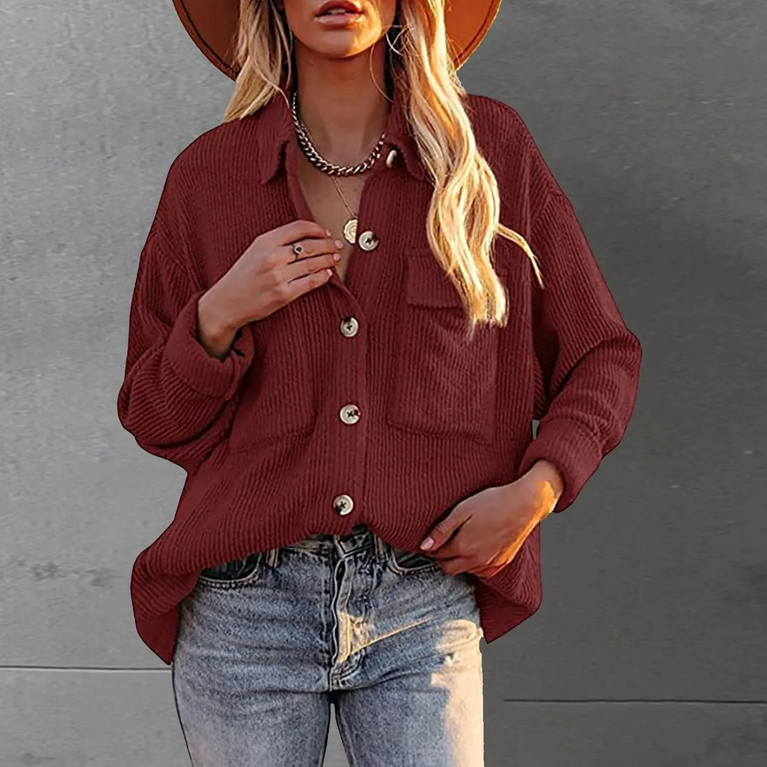 Oversize Corduroy Jacket for Womens Button Lapel Solid Long Sleeve Shirts Shacket Jacket Tops Boyfriend Style Coat