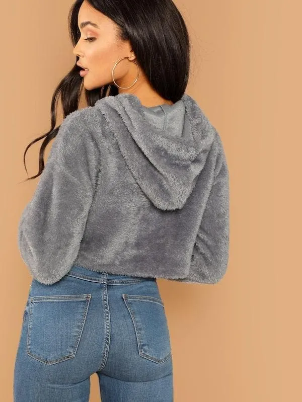 Oversized Drop Shoulder Crop Teddy Hoodie Pullover