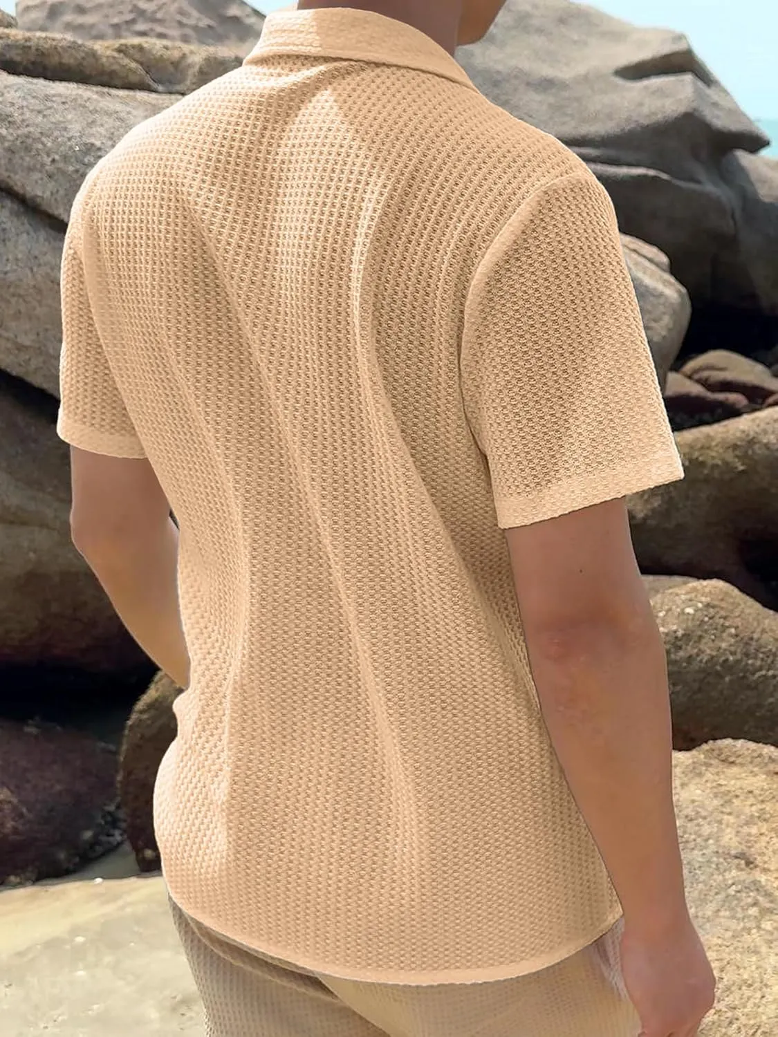 PLEPAN Men's Knit Polo Shirts Button Down Short Sleeve Casual Summer Beach Vintage Waffle Shirts for Men