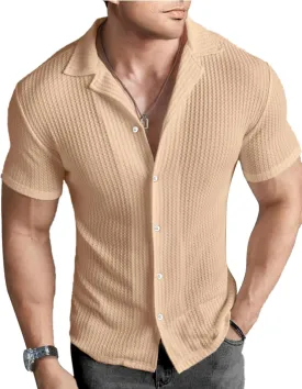PLEPAN Men's Knit Polo Shirts Button Down Short Sleeve Casual Summer Beach Vintage Waffle Shirts for Men