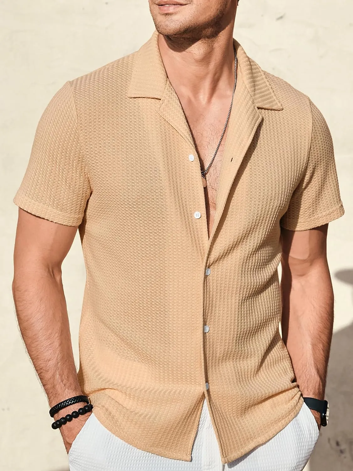 PLEPAN Men's Knit Polo Shirts Button Down Short Sleeve Casual Summer Beach Vintage Waffle Shirts for Men