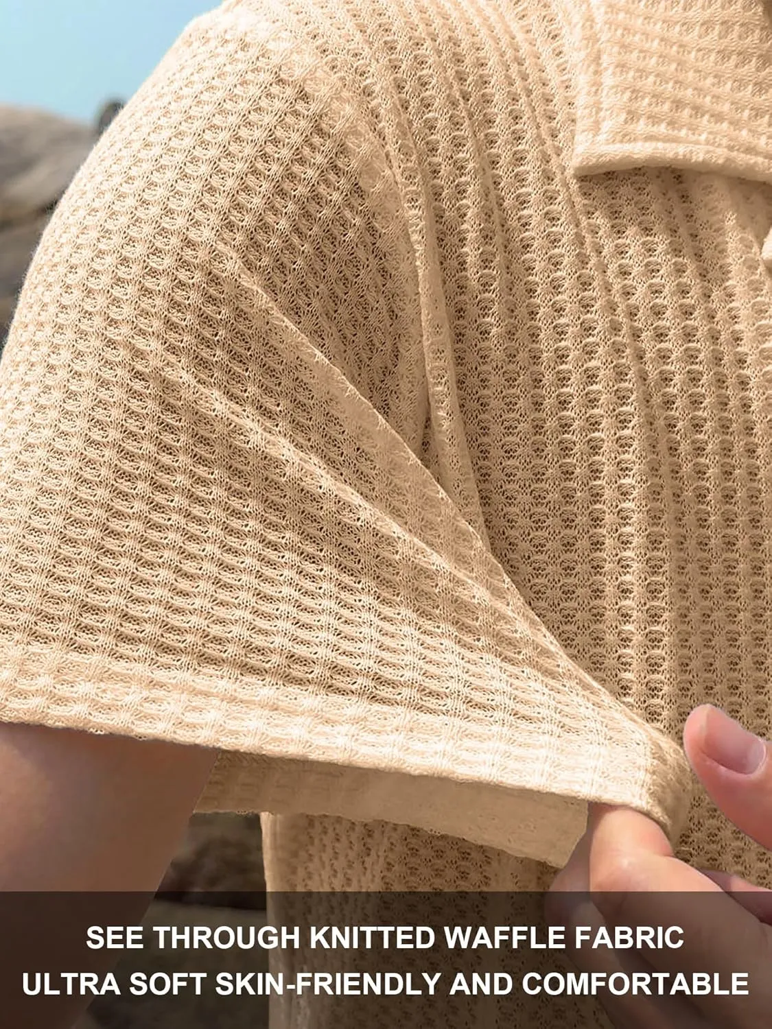 PLEPAN Men's Knit Polo Shirts Button Down Short Sleeve Casual Summer Beach Vintage Waffle Shirts for Men