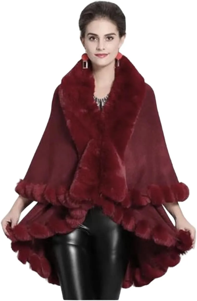 Poncho Coat Cape Faux Fur Ruana Fur blanket Caplet Wrap Shrug Sweater dress shawl (Wine Wool blend cape with faux fur trim)