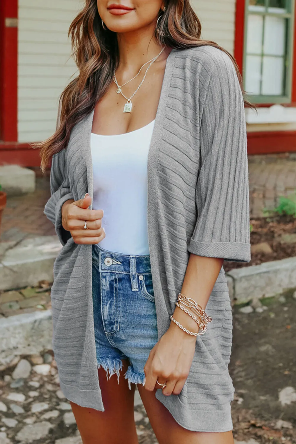 Ribbed Open Front Knit Cardigan