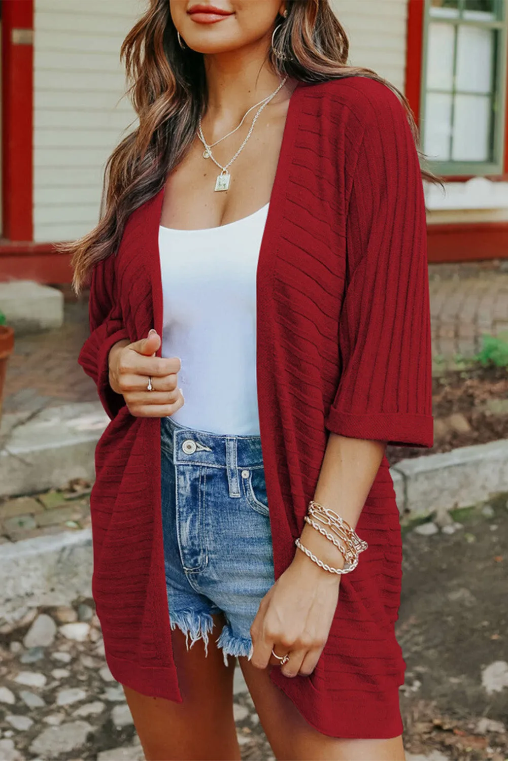 Ribbed Open Front Knit Cardigan