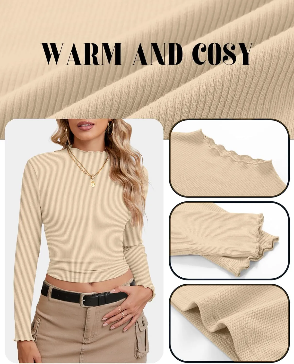 Riyiper 3 Pack Women's Mock Neck Long Sleeve Shirts, Lettuce Trim Slim Fit Ribbed Knit Crop Tops Turtleneck Base Layer Tee