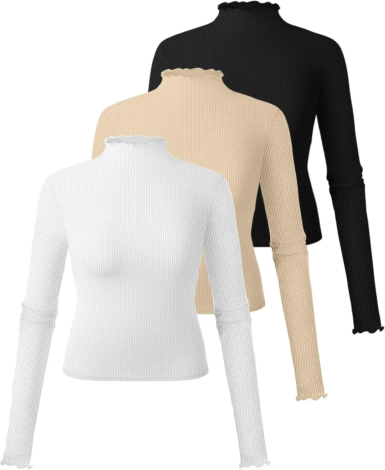 Riyiper 3 Pack Women's Mock Neck Long Sleeve Shirts, Lettuce Trim Slim Fit Ribbed Knit Crop Tops Turtleneck Base Layer Tee