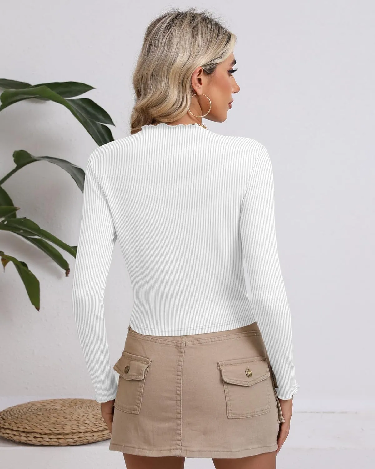 Riyiper 3 Pack Women's Mock Neck Long Sleeve Shirts, Lettuce Trim Slim Fit Ribbed Knit Crop Tops Turtleneck Base Layer Tee