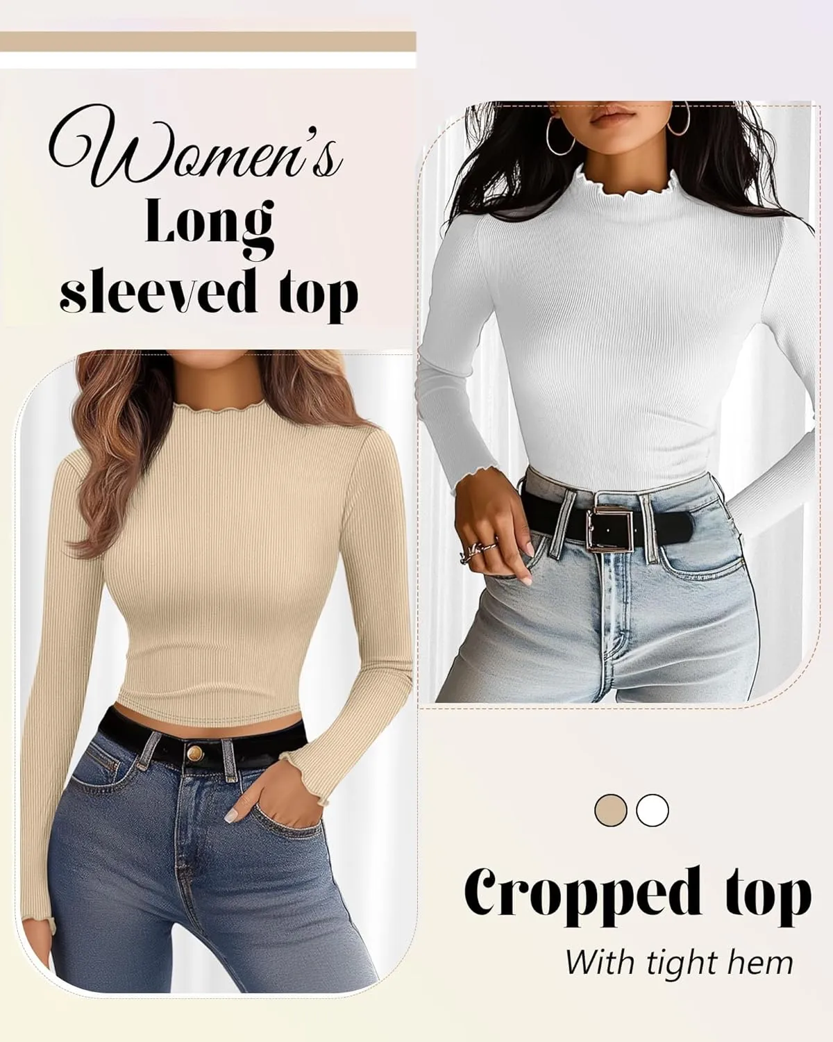 Riyiper 3 Pack Women's Mock Neck Long Sleeve Shirts, Lettuce Trim Slim Fit Ribbed Knit Crop Tops Turtleneck Base Layer Tee