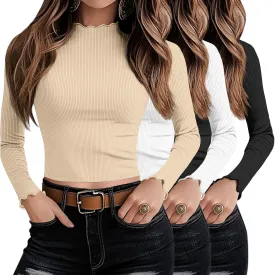 Riyiper 3 Pack Women's Mock Neck Long Sleeve Shirts, Lettuce Trim Slim Fit Ribbed Knit Crop Tops Turtleneck Base Layer Tee