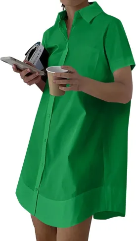 Rooscier Women's Casual Shirt Dress Collar V Neck Button Down Short Sleeve Loose Mini Dresses
