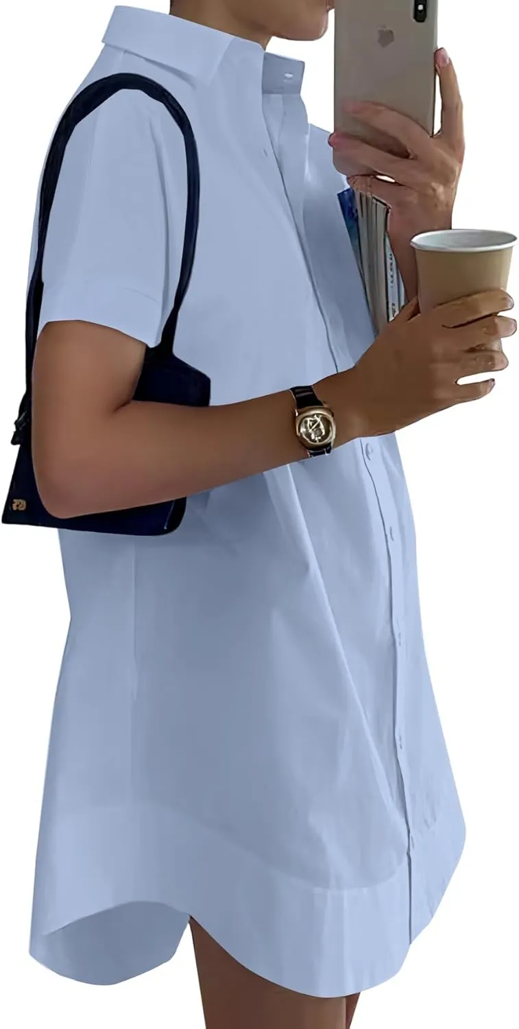Rooscier Women's Casual Shirt Dress Collar V Neck Button Down Short Sleeve Loose Mini Dresses