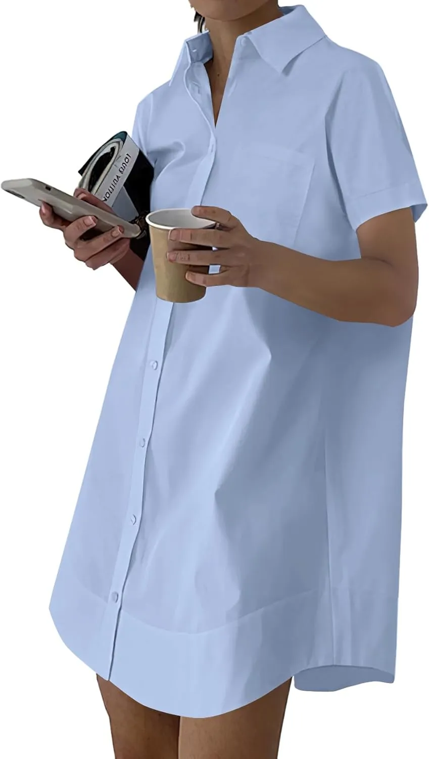 Rooscier Women's Casual Shirt Dress Collar V Neck Button Down Short Sleeve Loose Mini Dresses