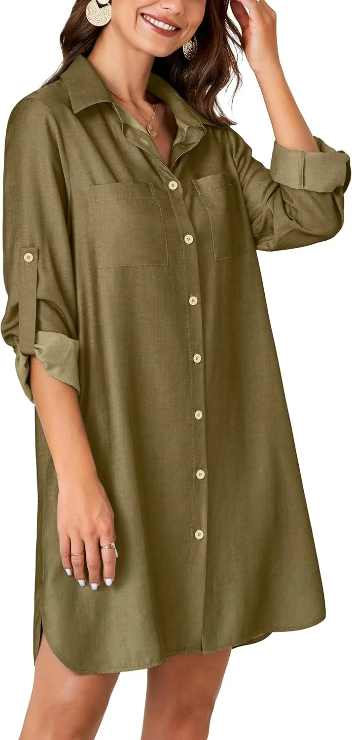 Rooscier Women's Roll Up Sleeve Button Down V Neck Oversized Pockets Denim Shirt Dress