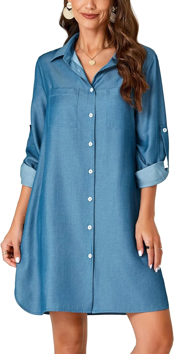 Rooscier Women's Roll Up Sleeve Button Down V Neck Oversized Pockets Denim Shirt Dress