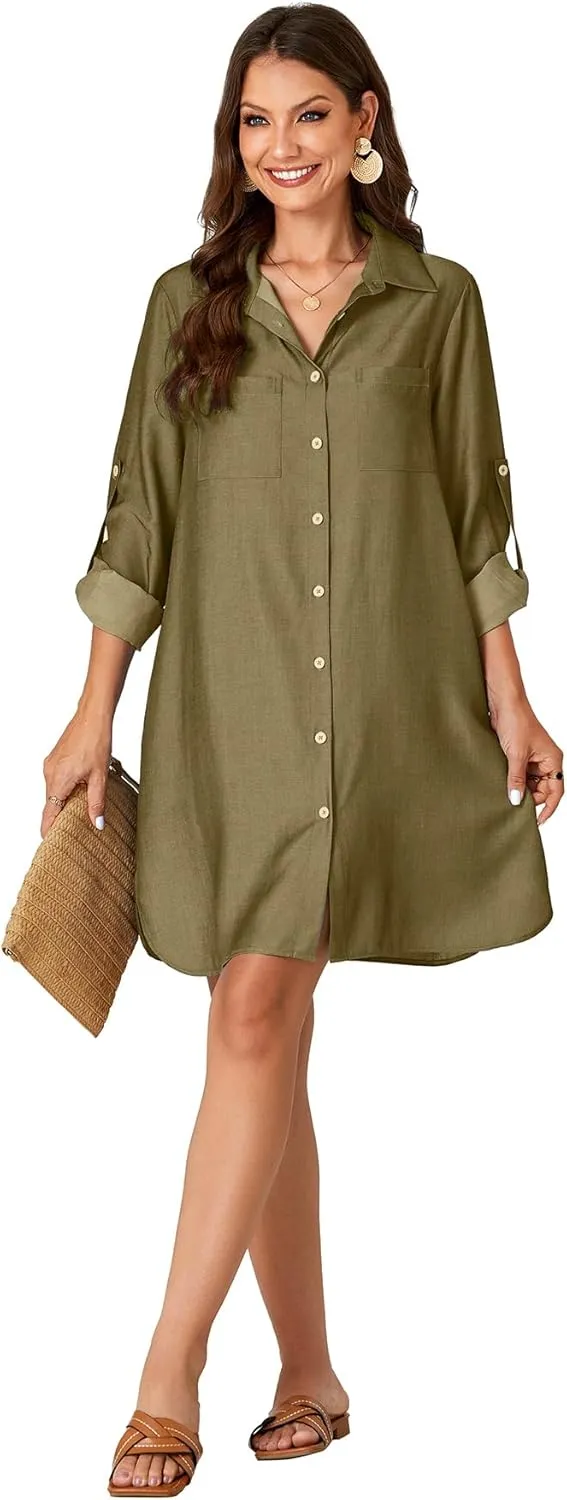 Rooscier Women's Roll Up Sleeve Button Down V Neck Oversized Pockets Denim Shirt Dress