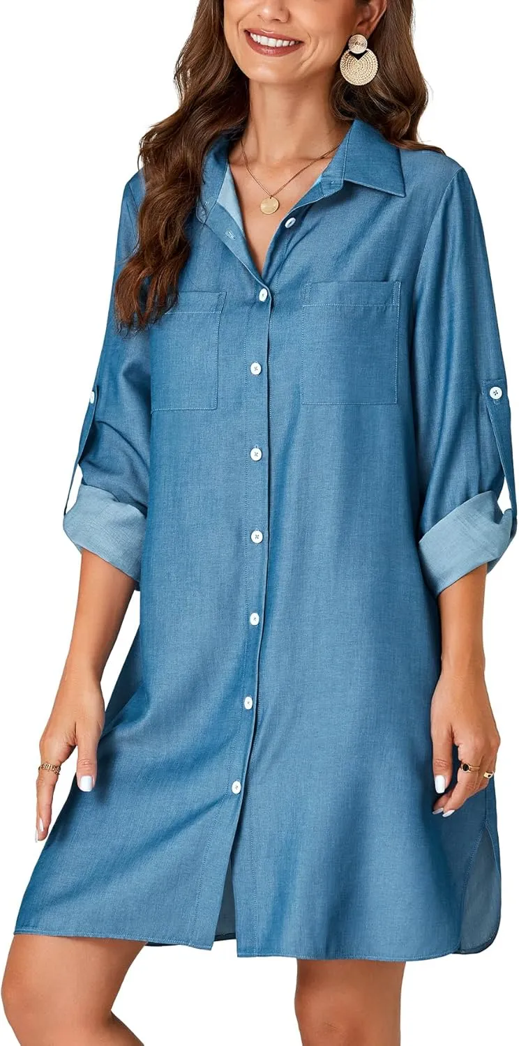 Rooscier Women's Roll Up Sleeve Button Down V Neck Oversized Pockets Denim Shirt Dress