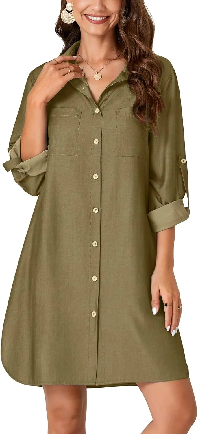 Rooscier Women's Roll Up Sleeve Button Down V Neck Oversized Pockets Denim Shirt Dress